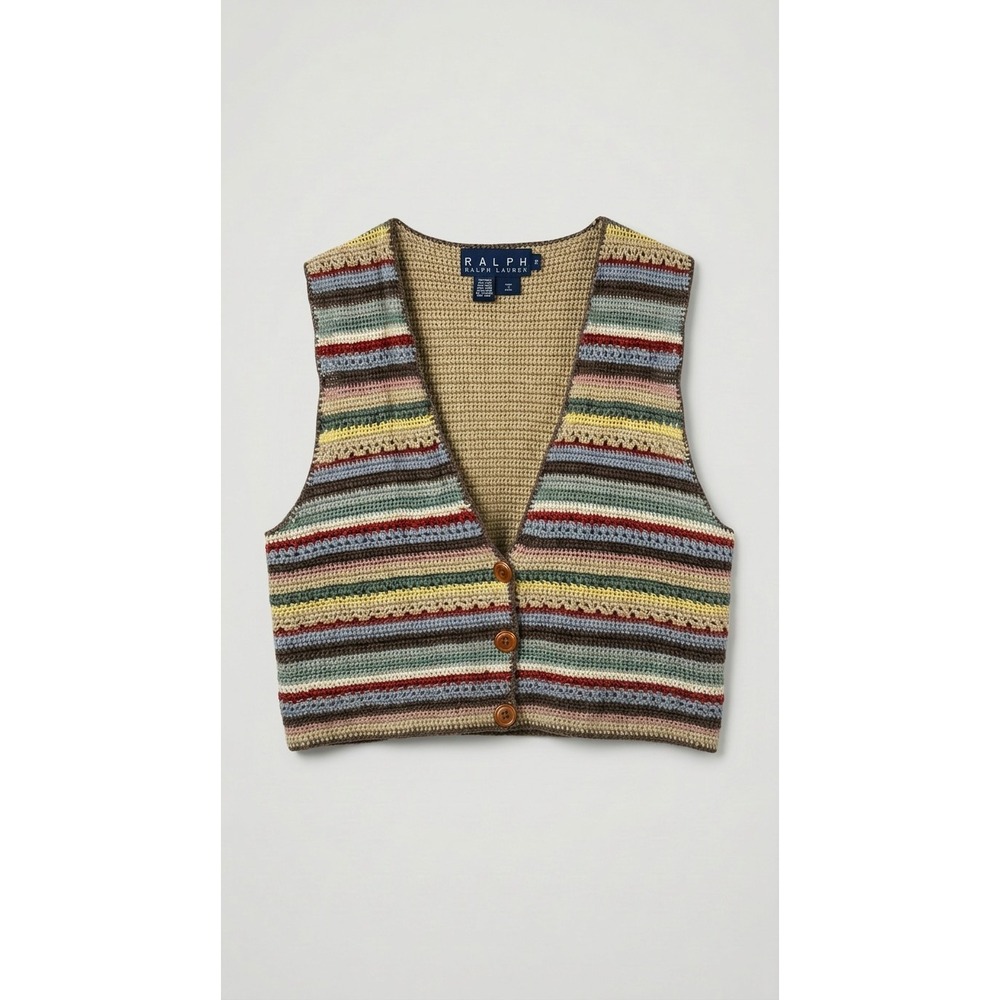 90s RALPH Ralph Lauren Crochet Knit Sweater Vest Striped Silk Wool Linen M VTG